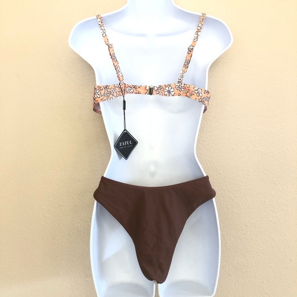 Zaful Peach Floral Underwire Top Brown High Cut Leg Bottom Bikini Swim Set M/6 - Picture 2 of 16